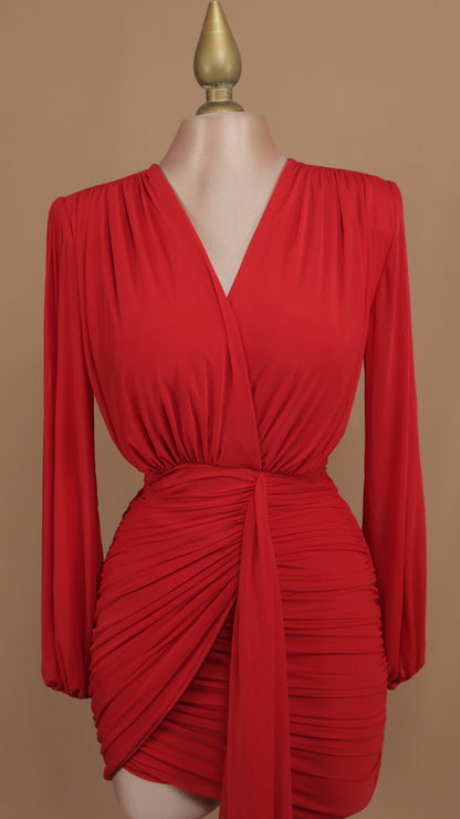 Vestido corto manga larga con escote en V y fresco