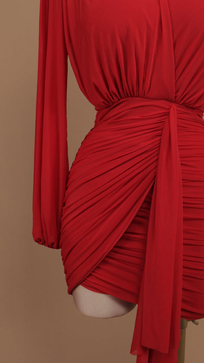 Vestido corto manga larga con escote en V y fresco