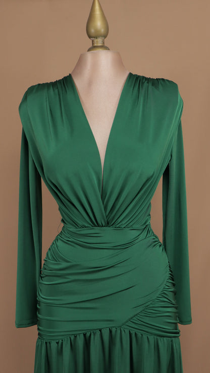 Vestido largo de licra manga larga escote en V