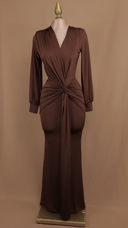 Vestido largo manga larga con nudo en cintura