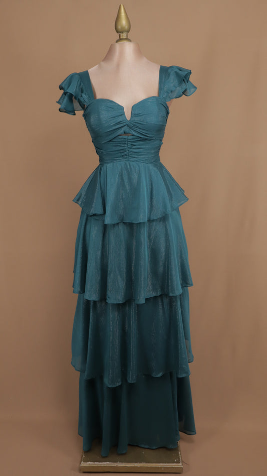 Vestido largo con olanes en falda y corset