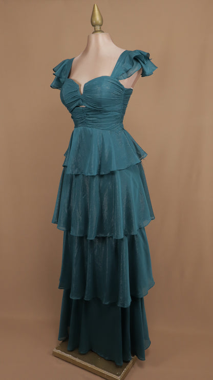 Vestido largo con olanes en falda y corset