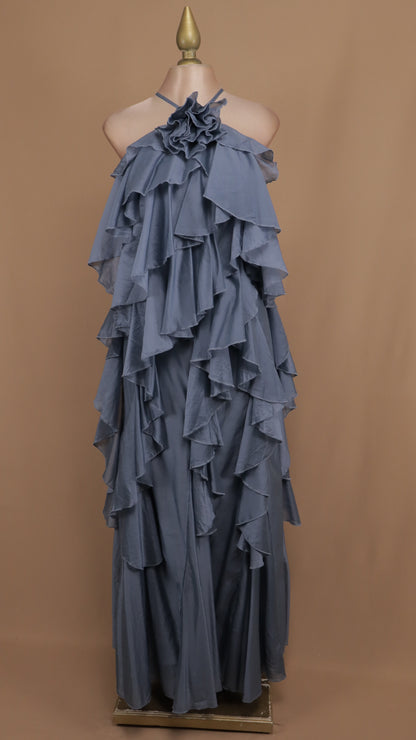 Vestido largo halter y olanes