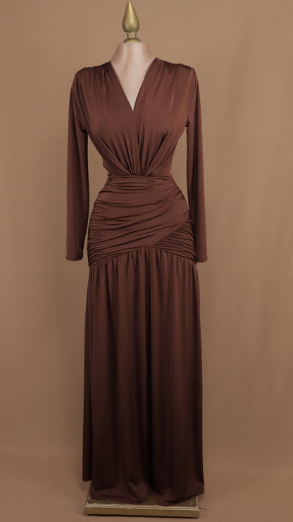 Vestido largo de licra manga larga escote en V