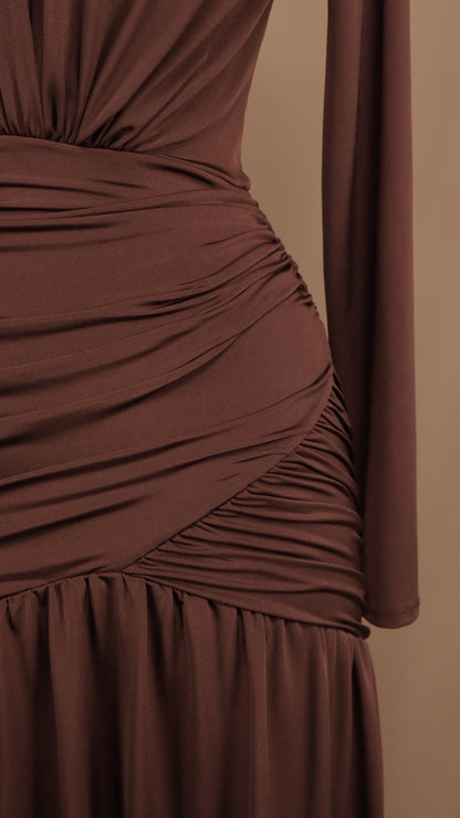 Vestido largo de licra manga larga escote en V