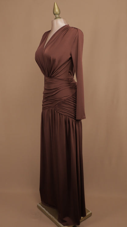 Vestido largo de licra manga larga escote en V