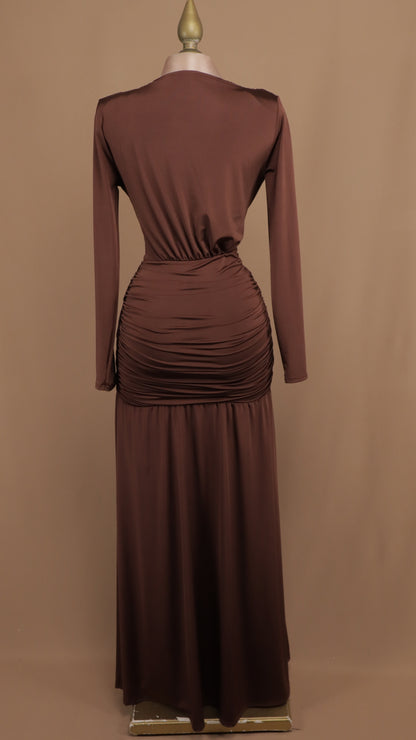 Vestido largo de licra manga larga escote en V