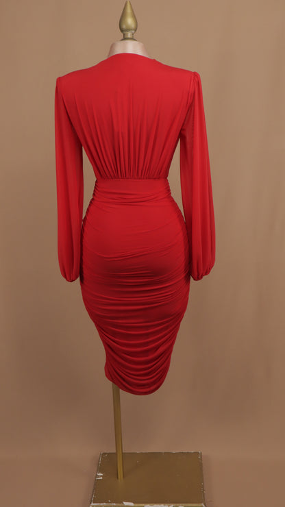 Vestido midi manga larga con escote en V