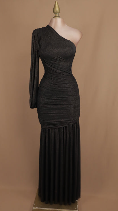 Vestido largo asimétrico manga larga con destellos