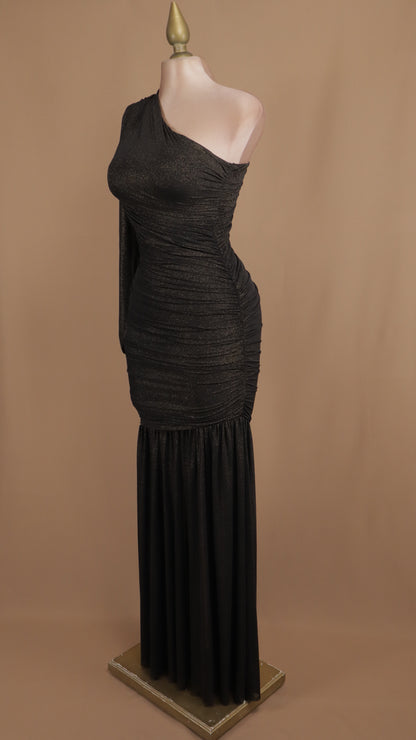 Vestido largo asimétrico manga larga con destellos