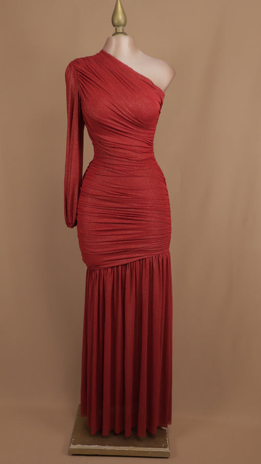 Vestido largo asimétrico manga larga con destellos