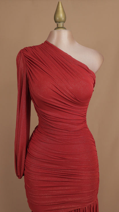 Vestido largo asimétrico manga larga con destellos