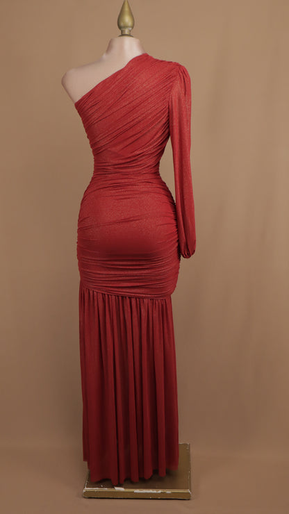 Vestido largo asimétrico manga larga con destellos