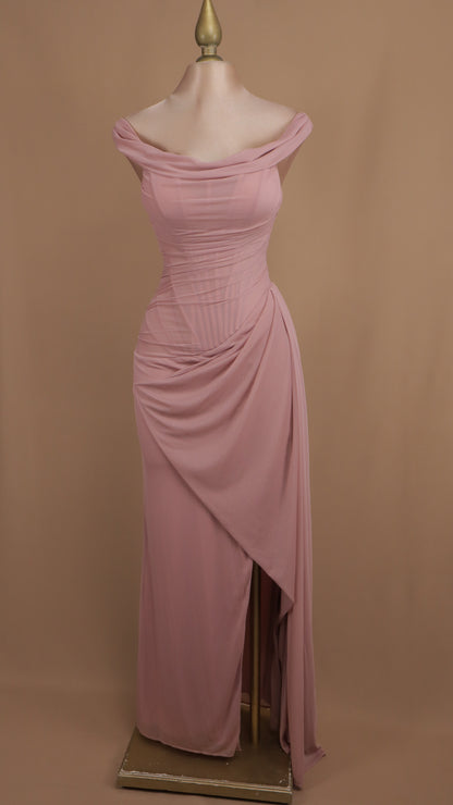 Vestido largo con corset al hombro