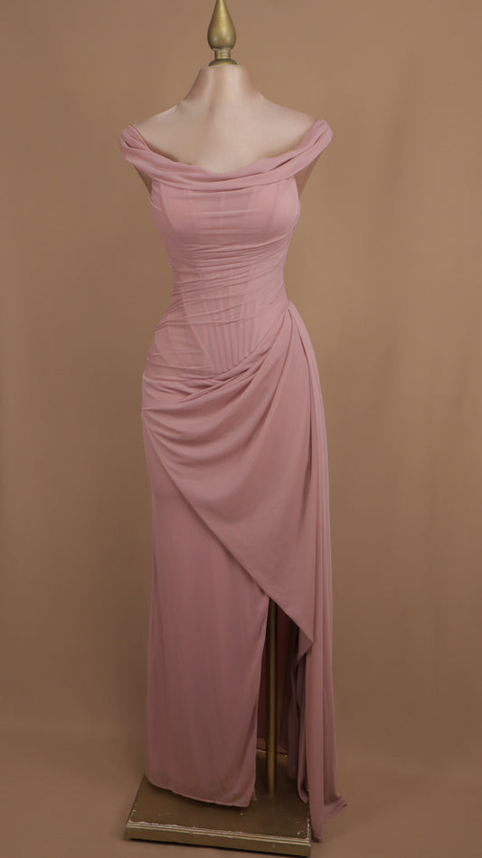 Vestido largo con corset al hombro