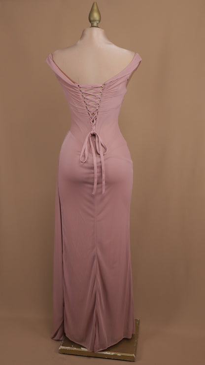 Vestido largo con corset al hombro