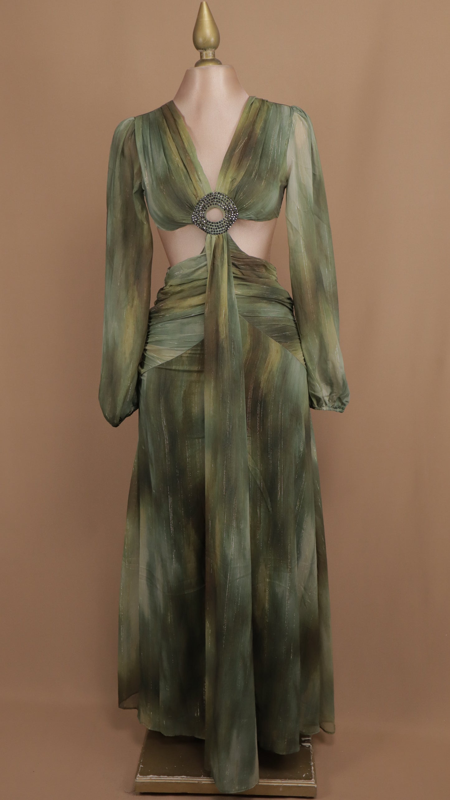 Vestido largo marmoleado manga larga con escote en cintura
