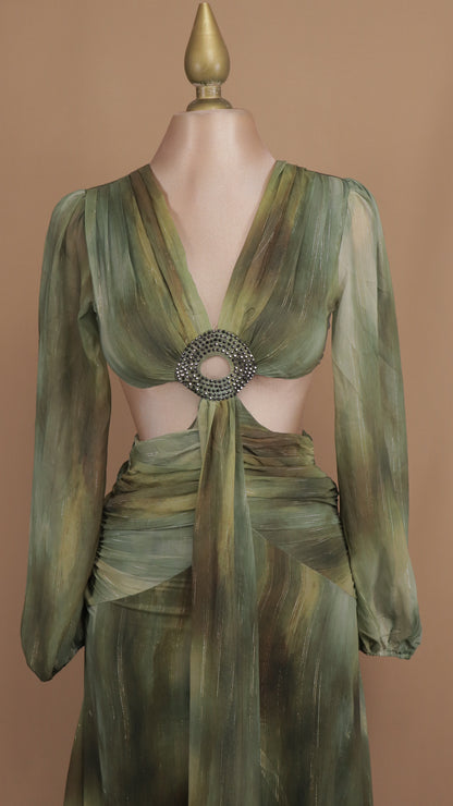 Vestido largo marmoleado manga larga con escote en cintura