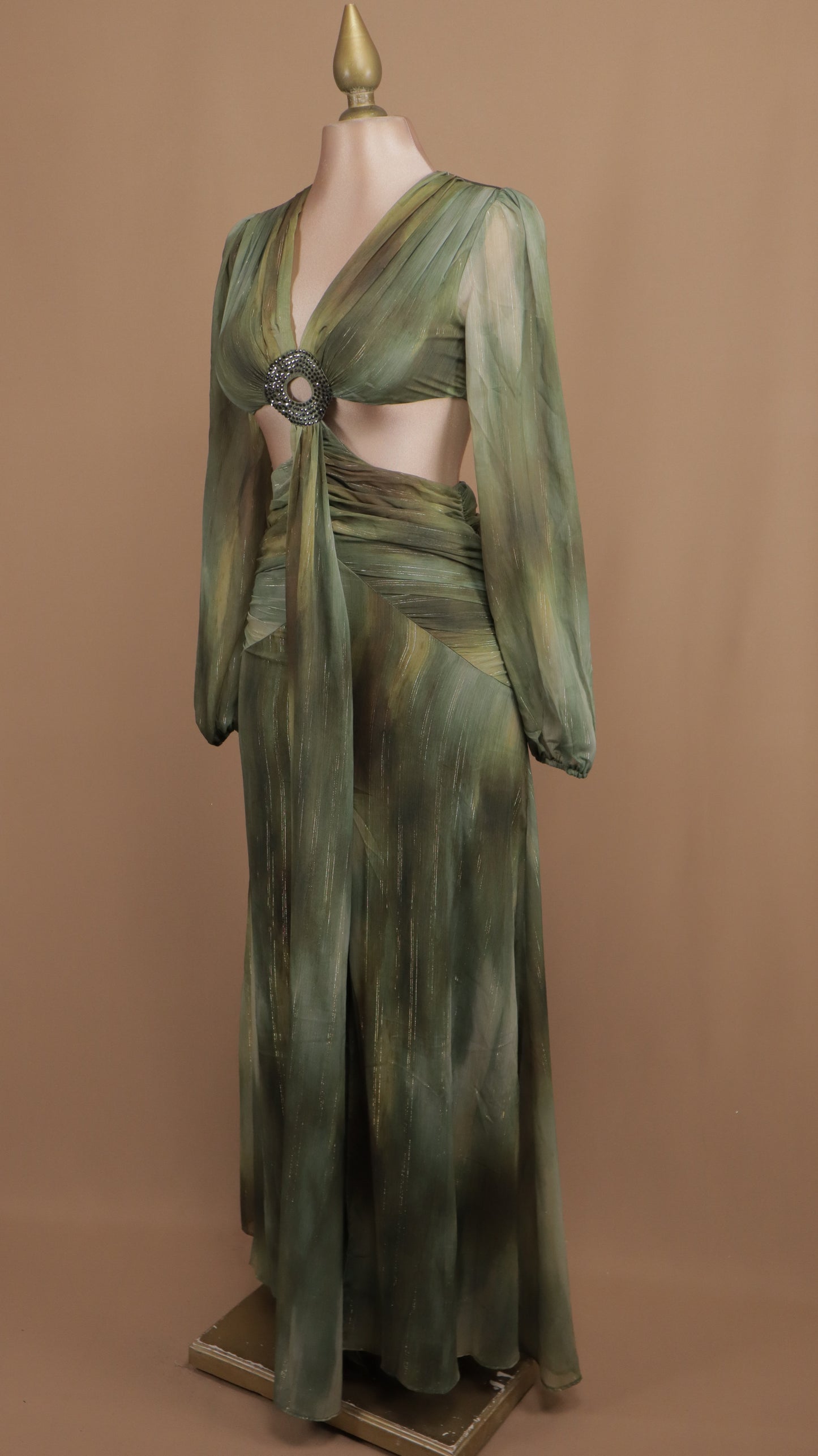 Vestido largo marmoleado manga larga con escote en cintura