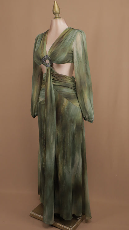 Vestido largo marmoleado manga larga con escote en cintura