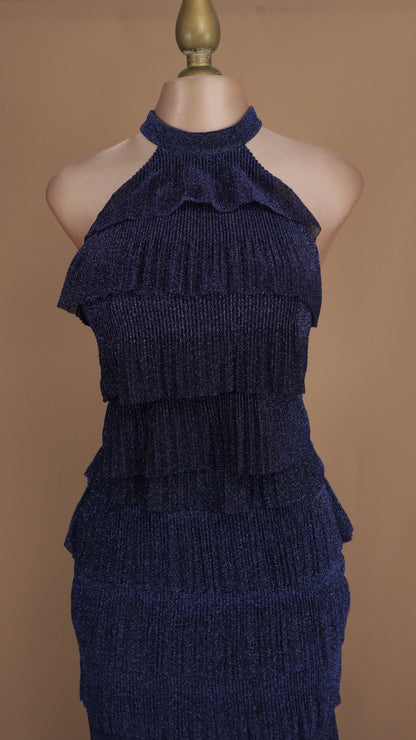 Vestido largo halter con olanes y brillo