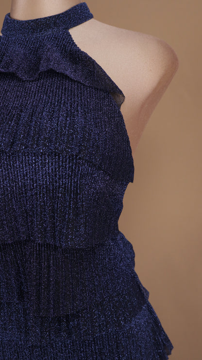 Vestido largo halter con olanes y brillo