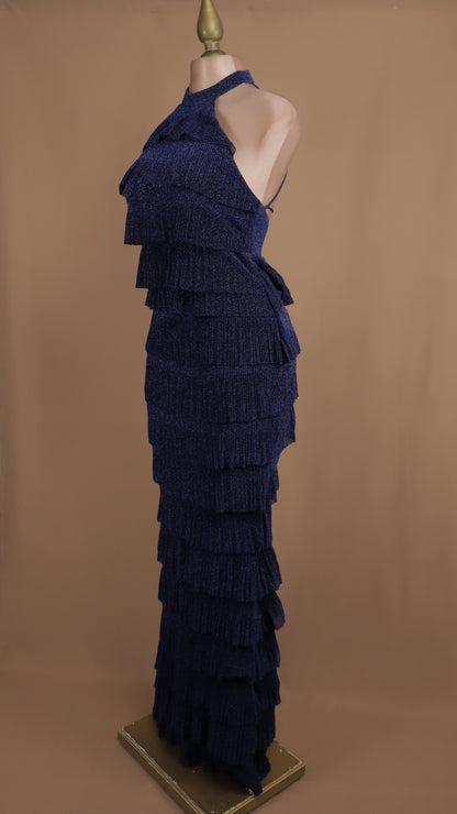 Vestido largo halter con olanes y brillo