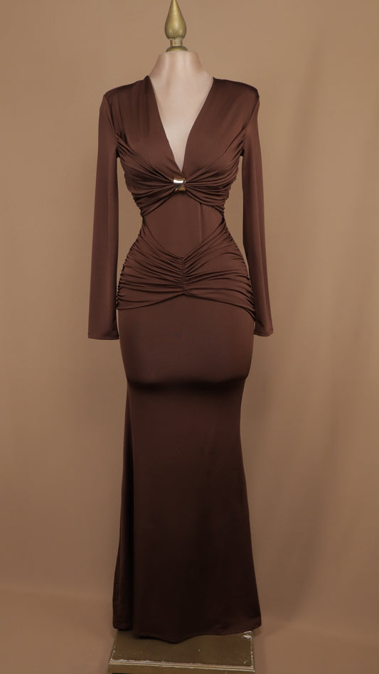 Vestido manga larga de licra con pliegues en cintura