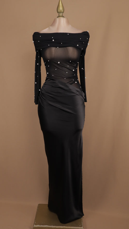 Vestido largo con panti blusa manga larga y perlas