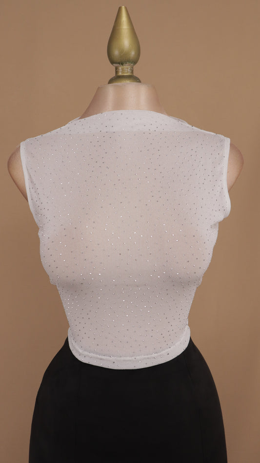 Crop tipo cuello halter con pedrería plata