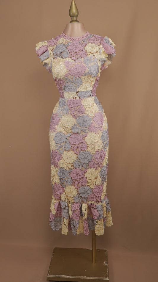 Vestido midi estampado con encaje