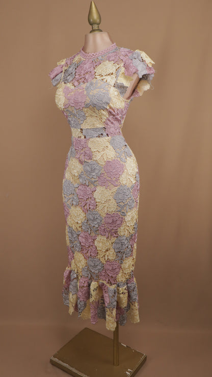 Vestido midi estampado con encaje