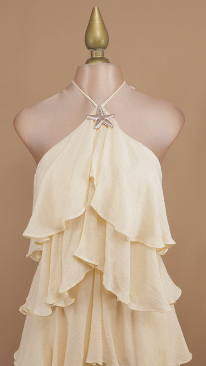Vestido largo con olanes y cuello halter