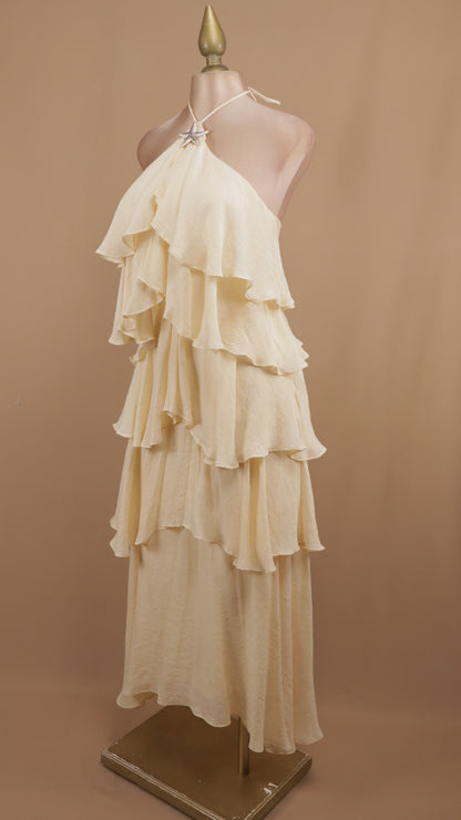 Vestido largo con olanes y cuello halter