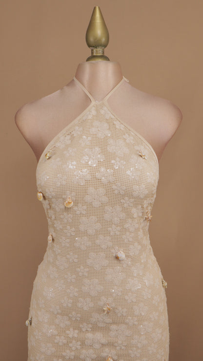 Vestido largo cuello halter con maya y piedras del mar