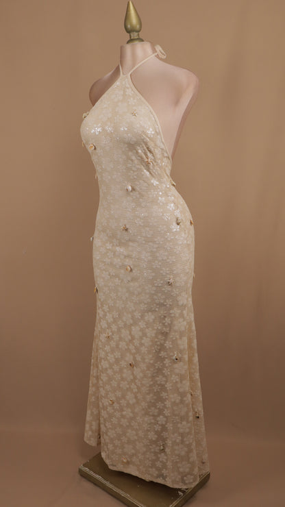 Vestido largo cuello halter con maya y piedras del mar