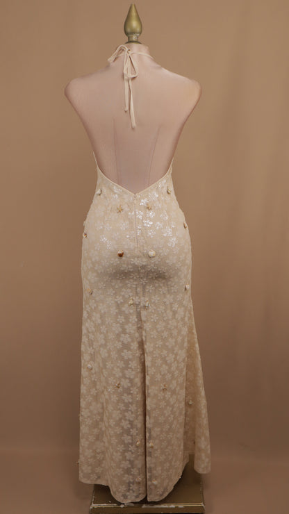 Vestido largo cuello halter con maya y piedras del mar