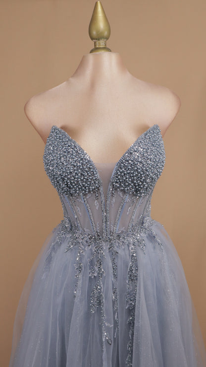 Vestido largo straple con pedrería