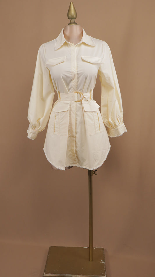 Vestido corto manga larga con bordado en cuello y puño