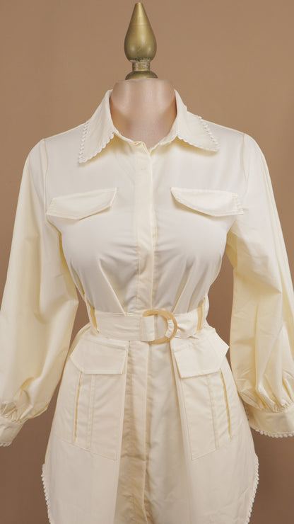 Vestido corto manga larga con bordado en cuello y puño