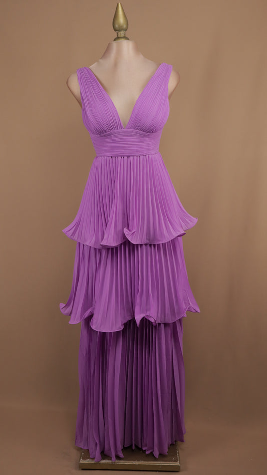 Vestido largo de olanes y plisado