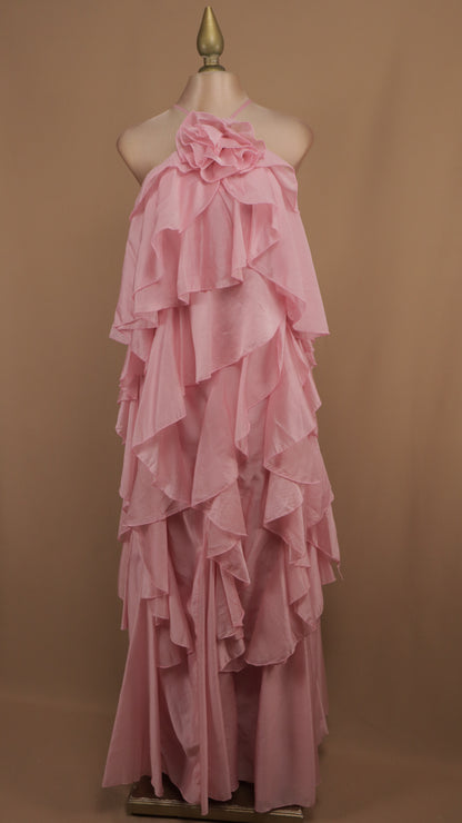 Vestido largo halter y olanes