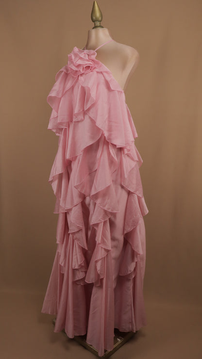 Vestido largo halter y olanes