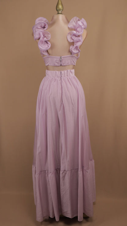 Vestido largo con escote en la espalda y escarola