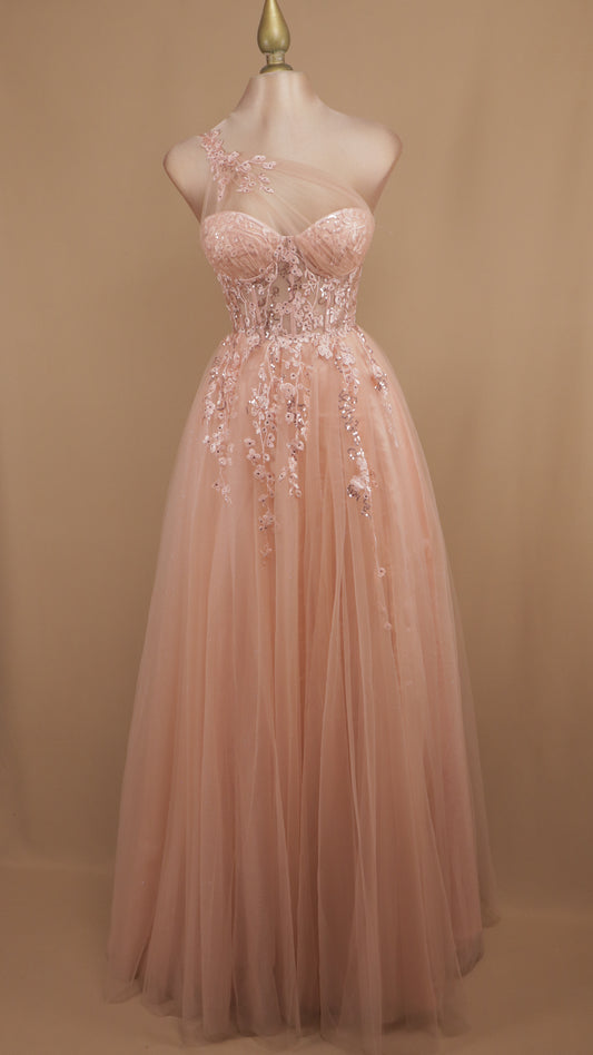 Vestido largo asimétrico con aplicación y en línea A