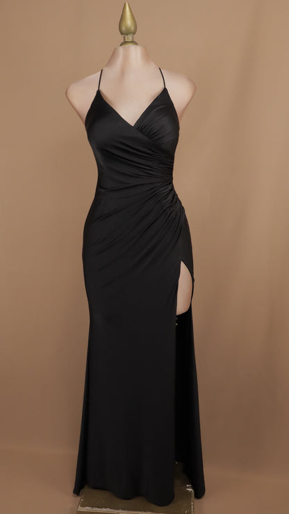 Vestido largo escote en V con corset y abertura
