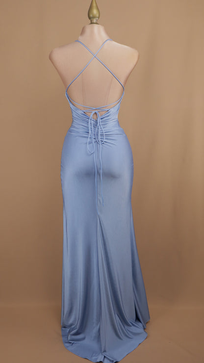 Vestido largo escote en V con corset y abertura