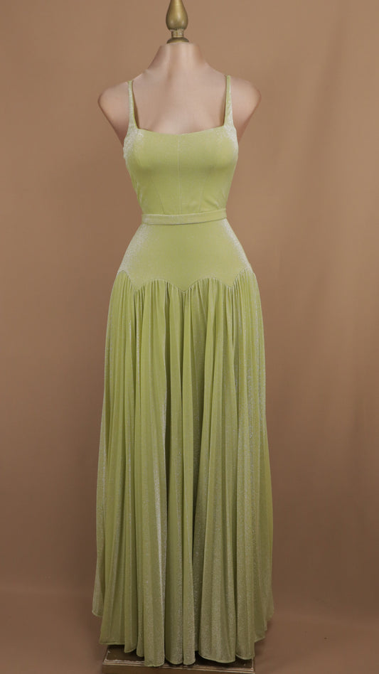 Vestido largo escote cuadrado con destellos