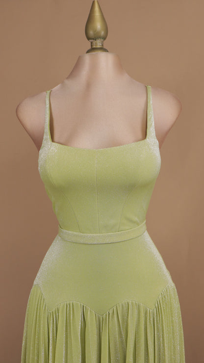 Vestido largo escote cuadrado con destellos