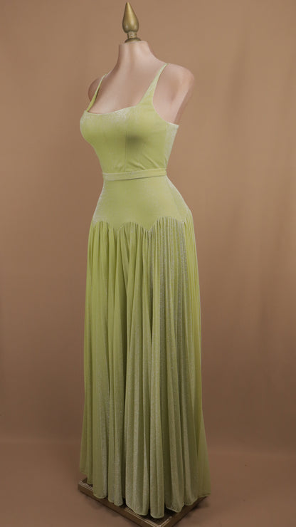 Vestido largo escote cuadrado con destellos